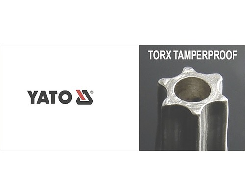 Logo Yato a detailný záber skrutkovača Torx Tamperproof