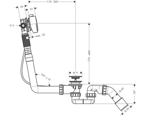 Technický nákres vaňového odpadu s rozmermi.