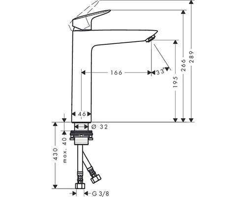 Rozmerový nákres umývadlovej batérie