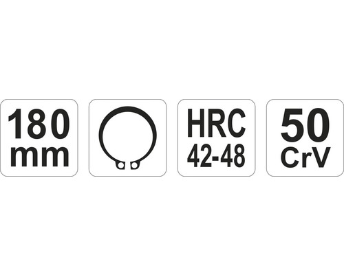 Technické špecifikácie: 180 milimetrov, poistný krúžok, HRC 42-48, 50 CrV