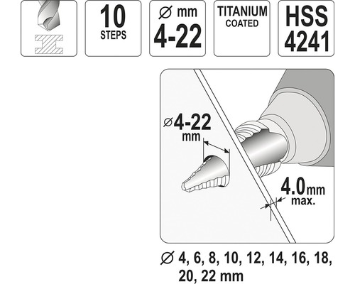 Stupňovitý vrták s 10 stupňami, priemer 4 až 22 milimetrov, titánový povlak, HSS 4241