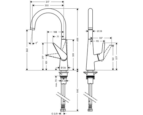 Technický nákres kuchynskej batérie s rozmermi