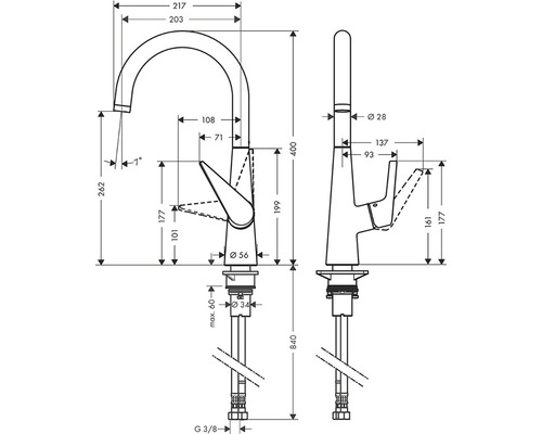 Rozmerový nákres kuchynskej batérie s príslušnými rozmermi