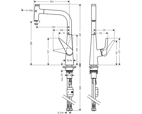 Technický nákres kuchynskej batérie s rozmermi