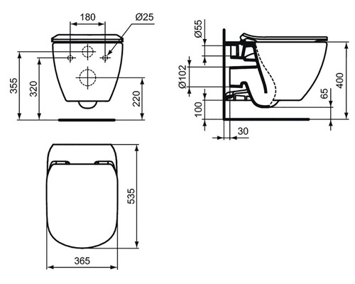 Technický nákres závesného WC s rozmermi.