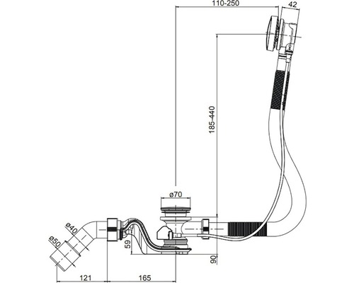 Technický nákres vaňového odpadu s rozmermi
