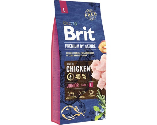 Granule pre psov Brit Premium by Nature Junior L 15 kg Brit Premium by Nature Junior Large krmivo pre psov, kuracie krmivo pre mladých psov veľkých plemien od 25 do 45 kilogramov