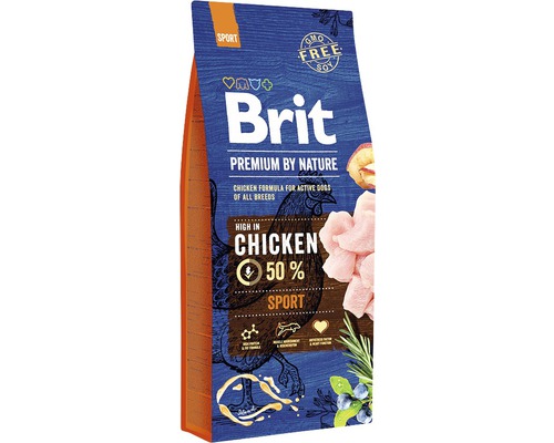 Granule pre psov Brit Premium by Nature Sport 15 kg Brit Premium by Nature suché krmivo pre psov Sport s kuracím mäsom pre aktívne psy všetkých plemien