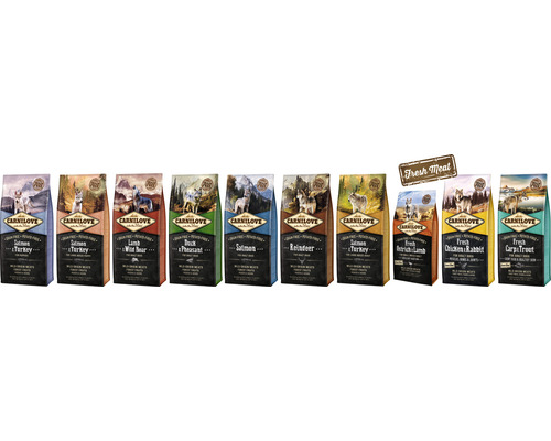 Niekoľko vreciek krmiva pre psov Carnilove s rôznymi príchuťami