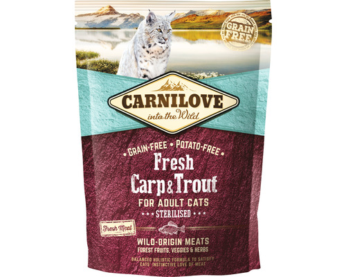 Granule pre mačky Carnilove Cat Grain Free Carp&Trout 400 g Krmivo pre mačky Carnilove s kaprom a pstruhom pre dospelé kastrované mačky v balení.