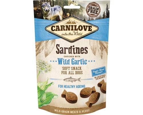 Maškrta pre psov Carnilove Dog Semi Moist Sardines 200 g Carnilove psí snack so sardinkami a medvedím cesnakom, bez obilia