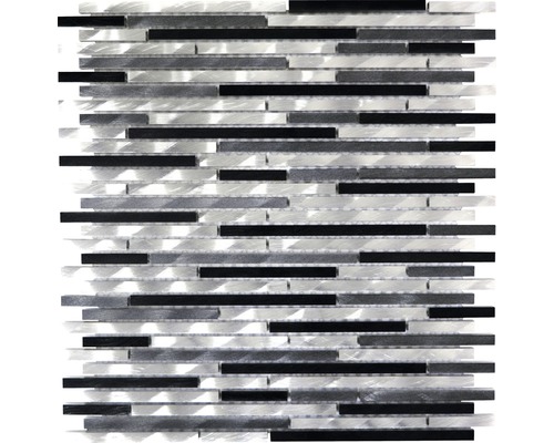 Kovová mozaika XAM A881 strieborná/čierna mix 29,8 x 31,8 cm Mozaiková dlaždica s podlhovastými, tmavými a striebornými prvkami