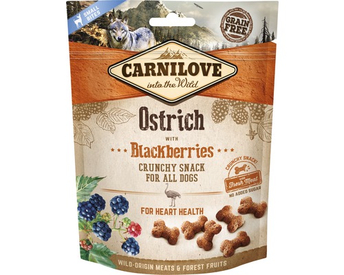 Maškrta pre psov Carnilove Dog Crunchy Snack Ostrich 200 g Carnilove psí maškrta pštros s černicami, bez obilnín