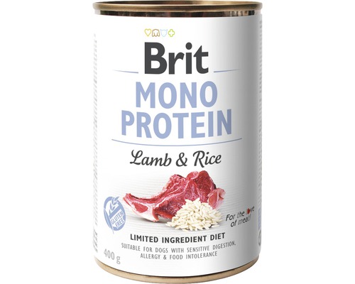 Konzerva pre psov Brit Mono Protein Lamb & Rice 400 g Brit Mono Protein psie krmivo s jahňacím a ryžou v 400-gramovej plechovke