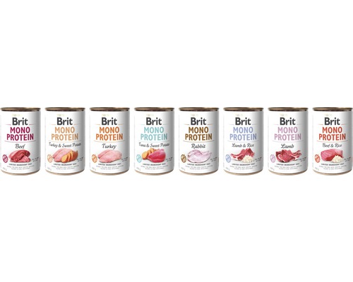 Niekoľko konzerv pre psy Brit Mono Protein s rôznymi príchuťami