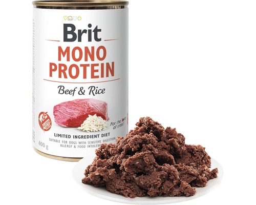 Brit Mono Protein psie krmivo hovädzie a ryža v konzerve s krmivom pripraveným na podávanie na tanieri
