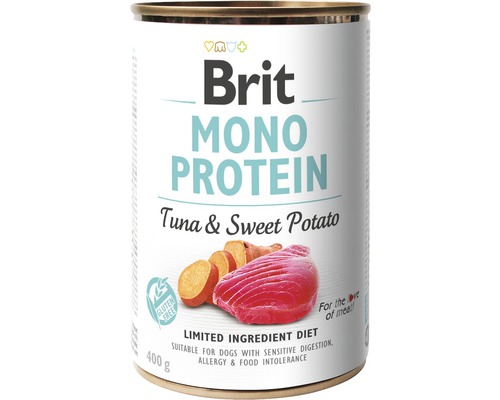 Konzerva pre psov Brit Mono Protein Tuna & Sweet Potato 400 g Brit Monoprotein mokré krmivo pre psov s tuniakom a batatmi, 400 gramová konzerva