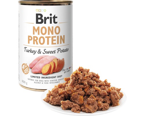 Brit Monoprotein krmivo pre psov morčacie a sladké zemiaky konzerva s krmivom na tanieri