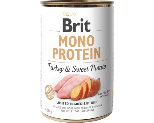 Konzerva pre psov Brit Mono Protein Turkey & Potato 400 g Brit Mono Protein psie krmivo s morčacím mäsom a sladkými zemiakmi v konzerve