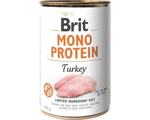 Konzerva pre psov Brit Mono Protein Turkey 400 g Brit Mono Protein morčacie mäso pre psov, 400 gramová konzerva