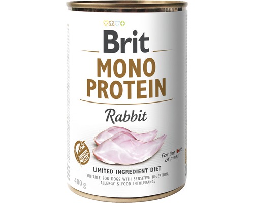 Konzerva pre psov Brit Mono Protein Rabbit 400 g Brit Mono Protein krmivo pre psov s králičím mäsom, 400 gramov v plechovke