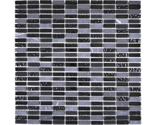 Sklenená mozaika s prírodným kameňom šedá čierna 1x3cm / 31x32,5 cm