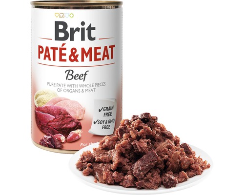 Brit Paté a mäso Hovädzia konzerva pre psy s krmivom na tanieri