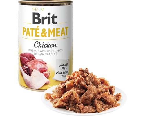 Brit psí paštéta a mäso kura v konzerve s kúskami mäsa