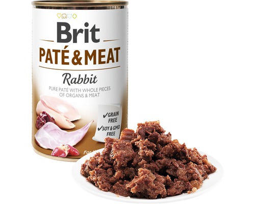 Brit Paštéta a mäso Králik Konzerva s mokrým krmivom pre psov s kúskami mäsa