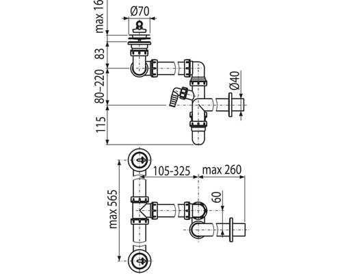 Technický nákres sifónu s rozmermi
