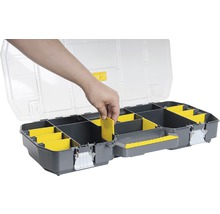 Otvorený box na náradie s nastaviteľnými priehradkami a rukou.