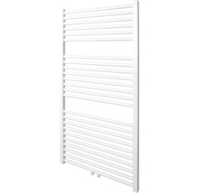 Biely kúpeľňový radiátor s horizontálnymi vykurovacími rúrkami.