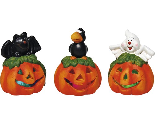 Halloweenska dekorácia s tekvicou, netopierom, havranom a duchom