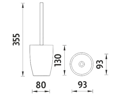 Technický nákres toaletnej kefy s rozmermi 355 x 80 x 130 x 93 milimetrov.