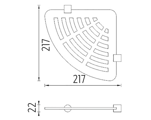 Technický nákres rohovej police s rozmermi 217 x 217 x 22 milimetrov