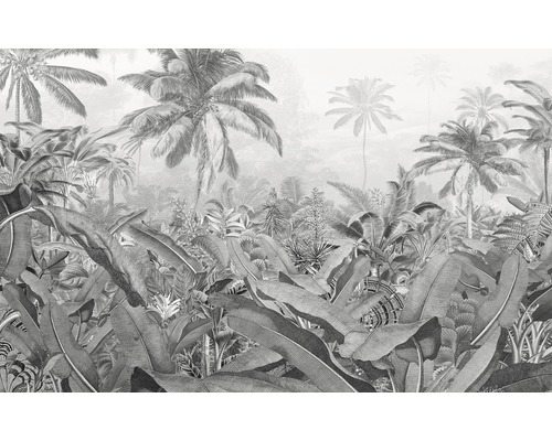 Fototapeta vliesová P013-VD4 Pure Amazonia Black and White 4-dielna 400x250 cm Tropický les ako tapetový vzor s palmami a veľkými listami