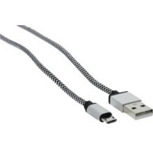 Kábel USB-A na Micro-USB s čierno-bielym opleteným textilným plášťom a striebornými konektormi.