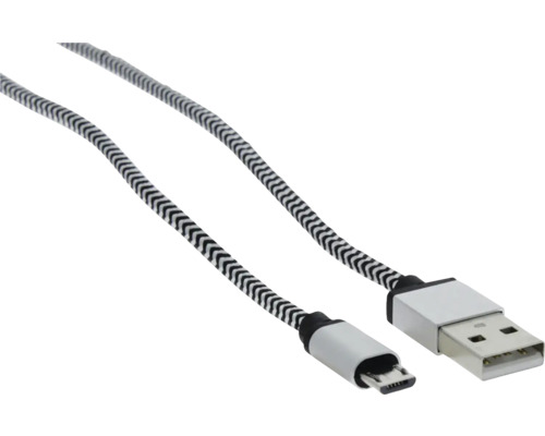 Kábel USB-A na Micro-USB s čierno-bielym opleteným textilným plášťom a striebornými konektormi.
