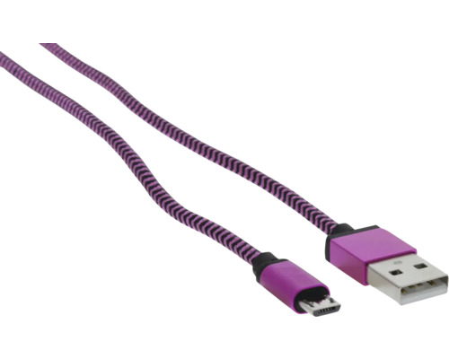 Kábel USB na Micro USB s fialovým a čiernym textilným opletom a fialovými konektormi
