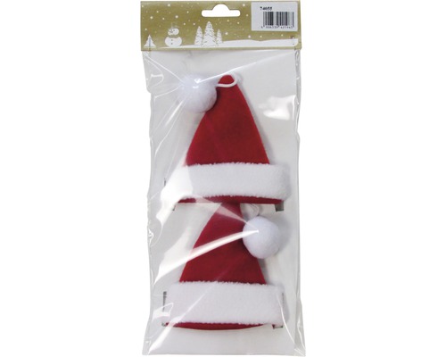 Dekorácia čiapky na vajíčka 2 ks Balenie dvoch červených vianočných čiapok s bielym lemom a brmbolcom