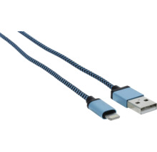 Nabíjací kábel USB-A na Lightning s modrým opleteným nylonovým plášťom.