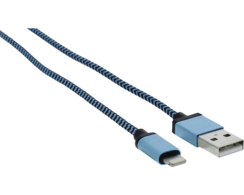 Nabíjací kábel USB-A na Lightning s modrým opleteným nylonovým plášťom.