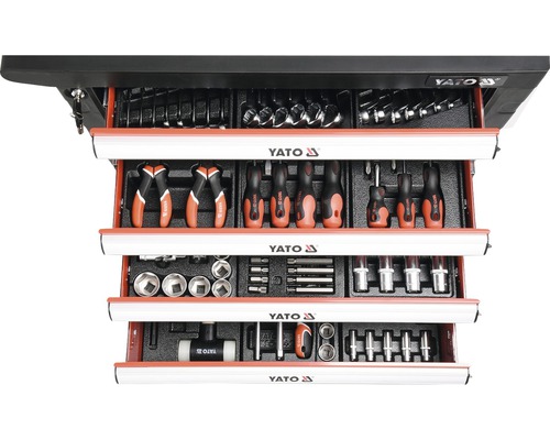 Pojazdná dielenská skriňa s náradím Yato, otvorené zásuvky.