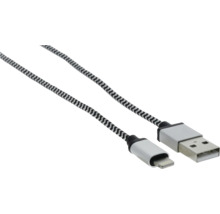 Kábel USB typu A na Lightning s opleteným textilným plášťom a kovovými konektormi.