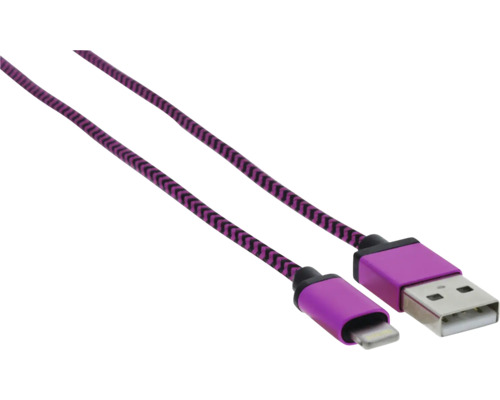 Fialový kábel USB-A na Lightning s opleteným textilným plášťom.