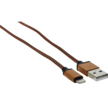 Nabíjací a dátový kábel USB-A na Lightning s hnedo-čiernym opleteným plášťom a kovovými konektormi vo farbe medi.