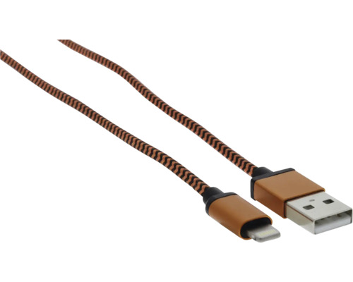 Nabíjací a dátový kábel USB-A na Lightning s hnedo-čiernym opleteným plášťom a kovovými konektormi vo farbe medi.