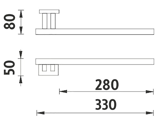Technický nákres tyče na uteráky s rozmermi.