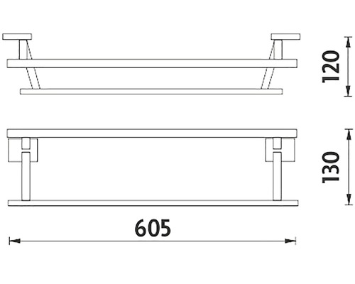 Technický nákres nástennej police s rozmermi 605 x 130 x 120 mm