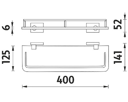Technický výkres sprchovej poličky s rozmermi 400 x 125 x 141 mm